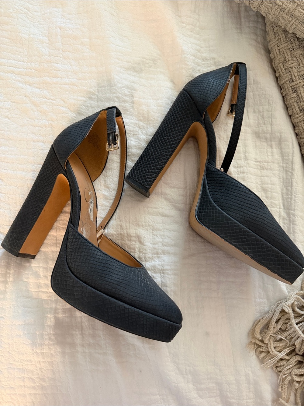 Jessica Simpson Black Textured Platform Pumps with Ankle Strap